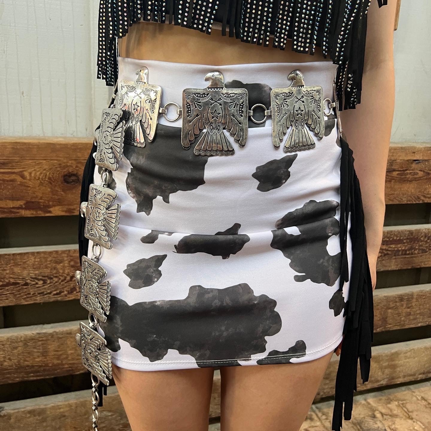 Cowprint Fringe Skirt