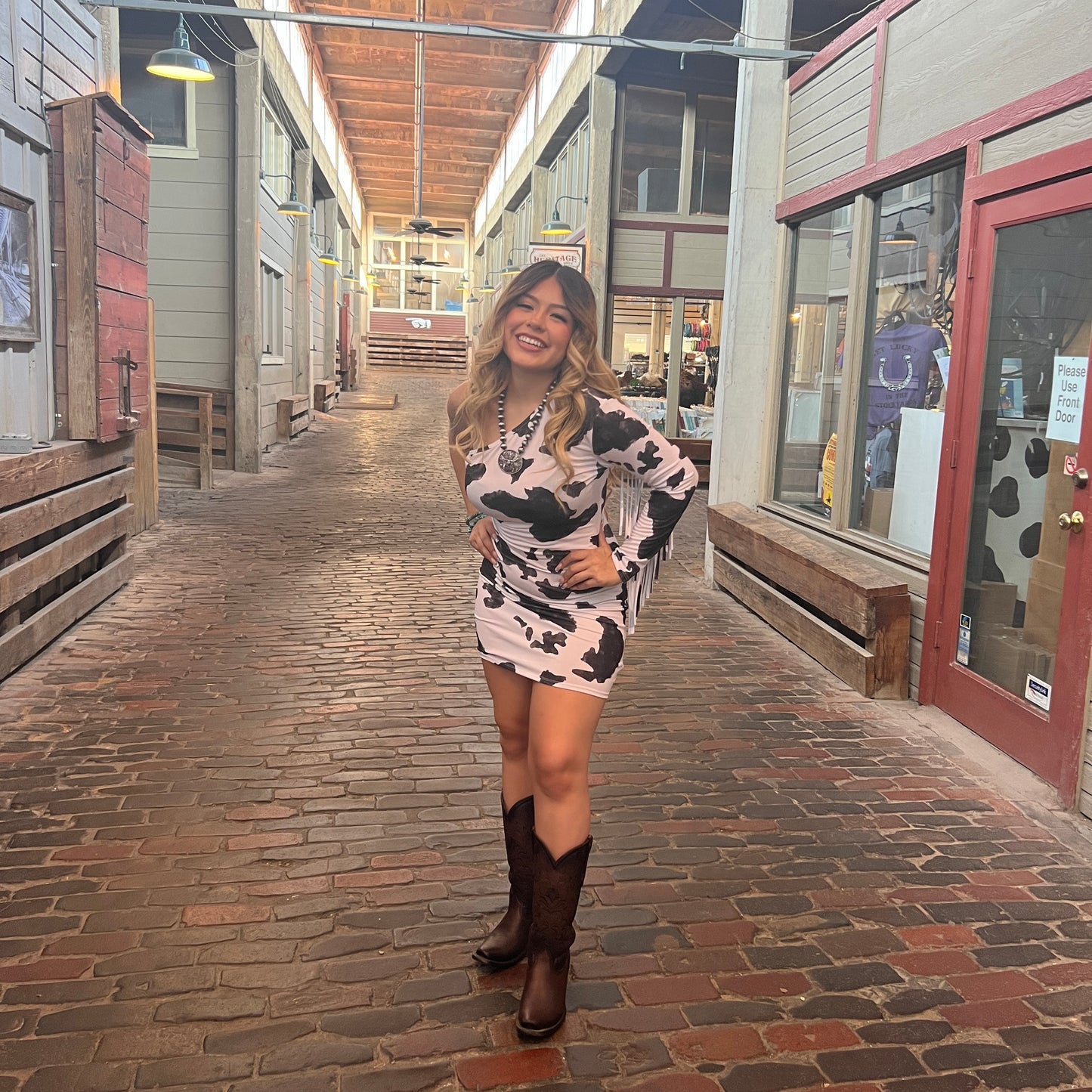 Cowprint One Fringe Sleeve Dress