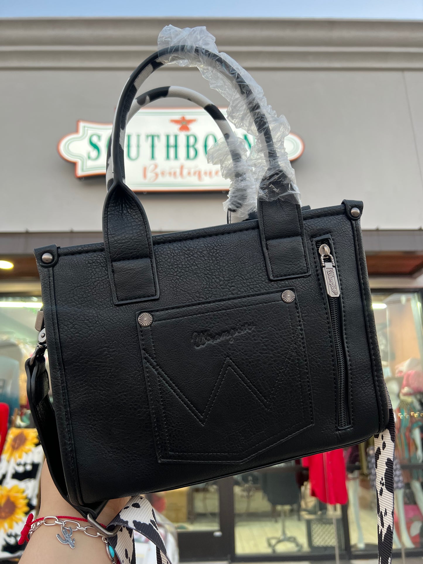 Black Cowprint Wrangler Tote Bag Small