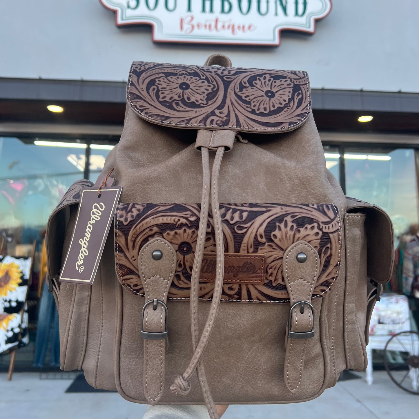 Tooled Leather Wrangler Backpack TAUPE