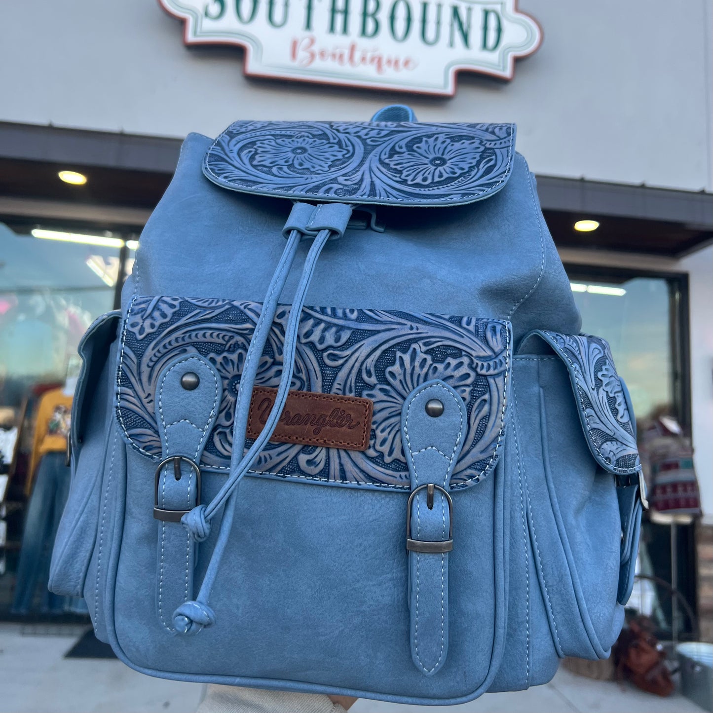 Tooled Leather Wrangler Backpack Baby Blue